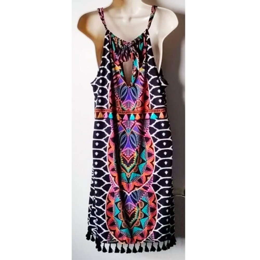 NWOT Trina Turk X Inc Halter Tassel Mini Dress M Tribal Print Tropical Geo - Picture 5 of 13